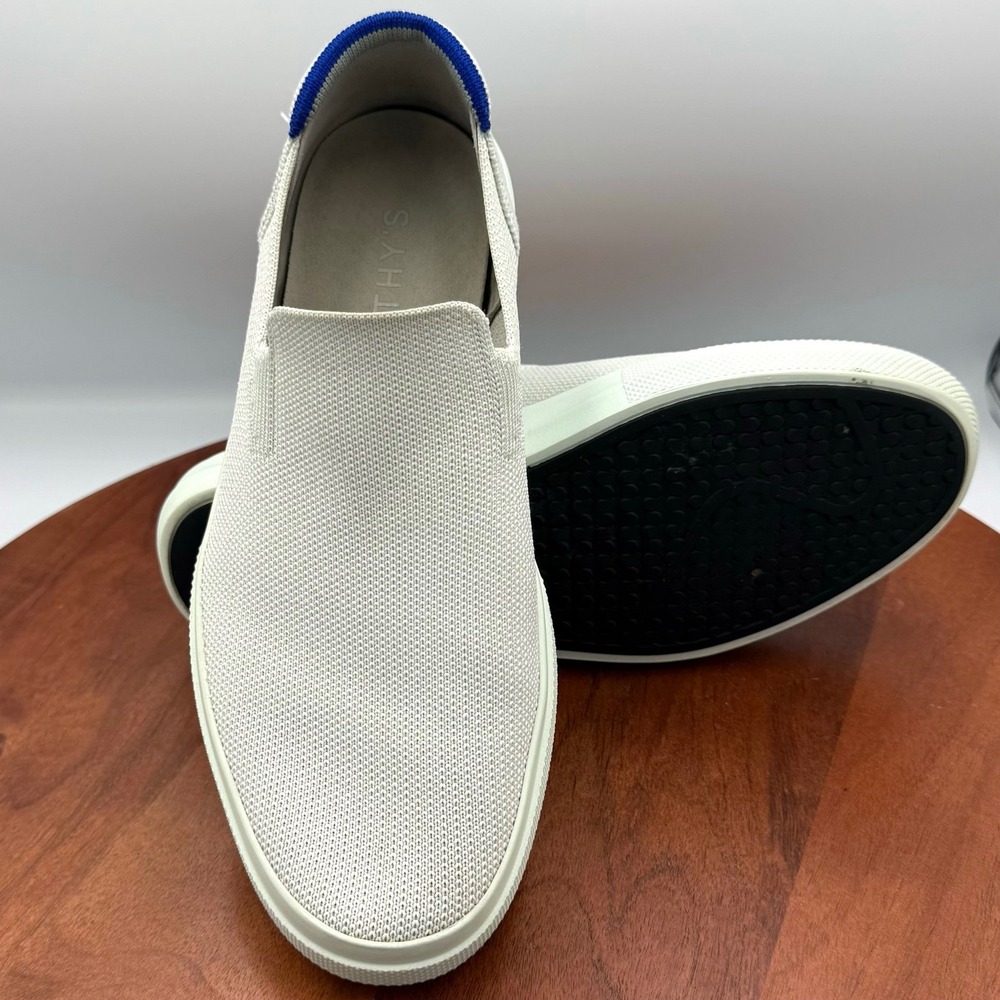 Rothy's The City Slip On Sneaker Womens 9.5 White Blue Trim Knit Classic Comfort